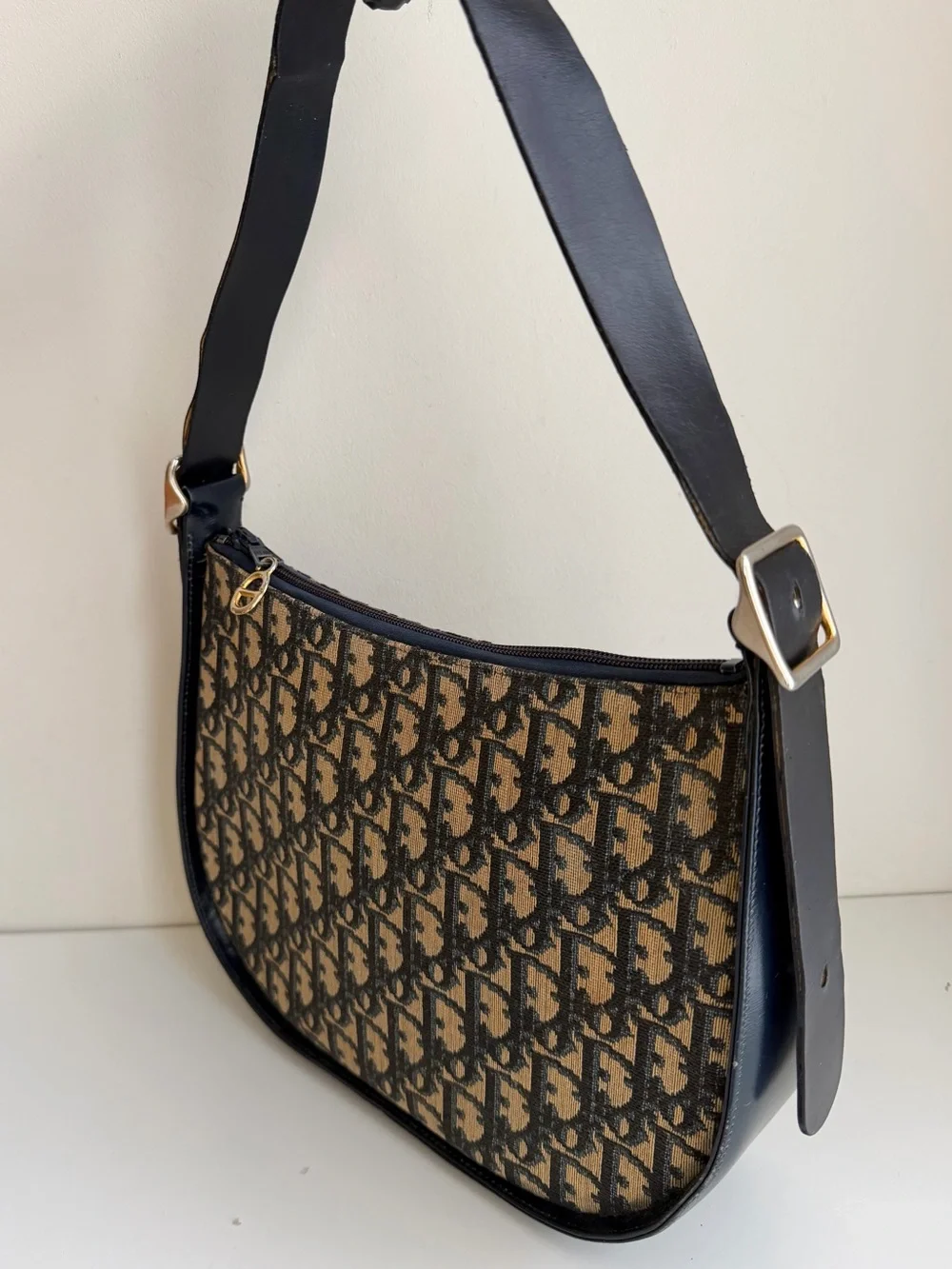 Authentic Christian DIOR Trotter Canvas Oblique Navy Leather Hobo Bag